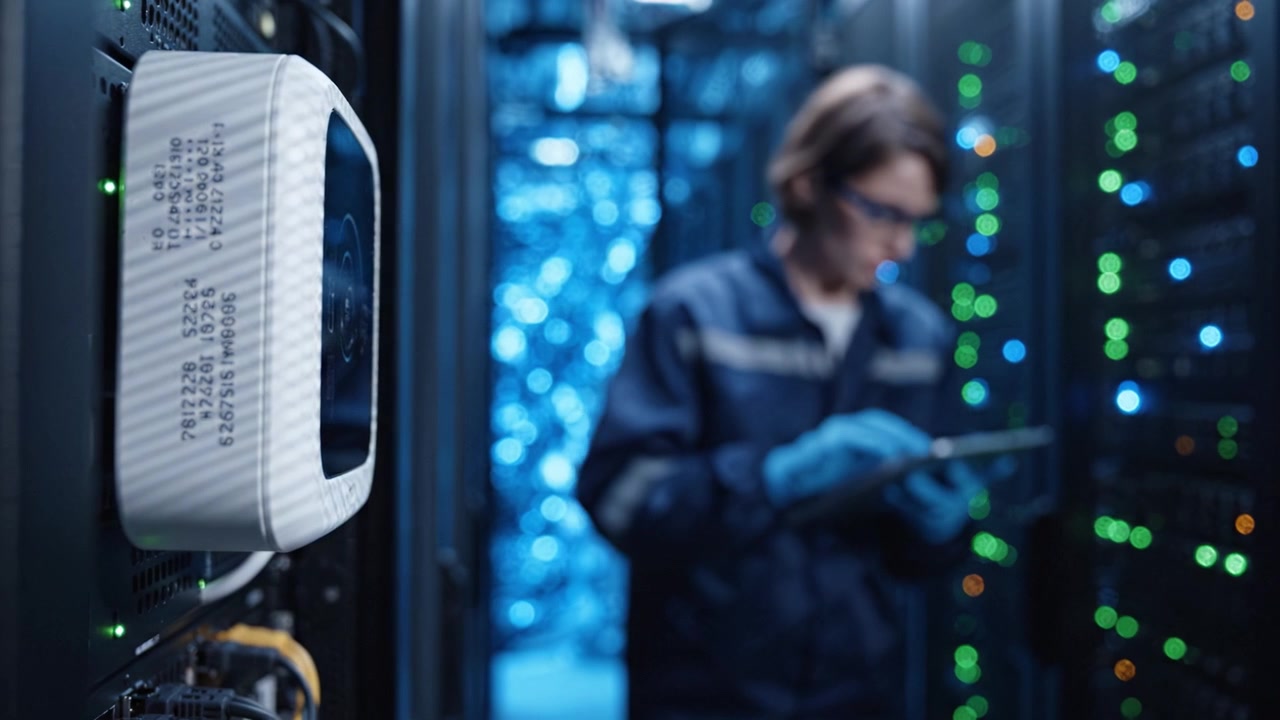 A technician monitors server performance in a data center, ensuring functionality and security while managing a complex network of connected systems with efficiency.
