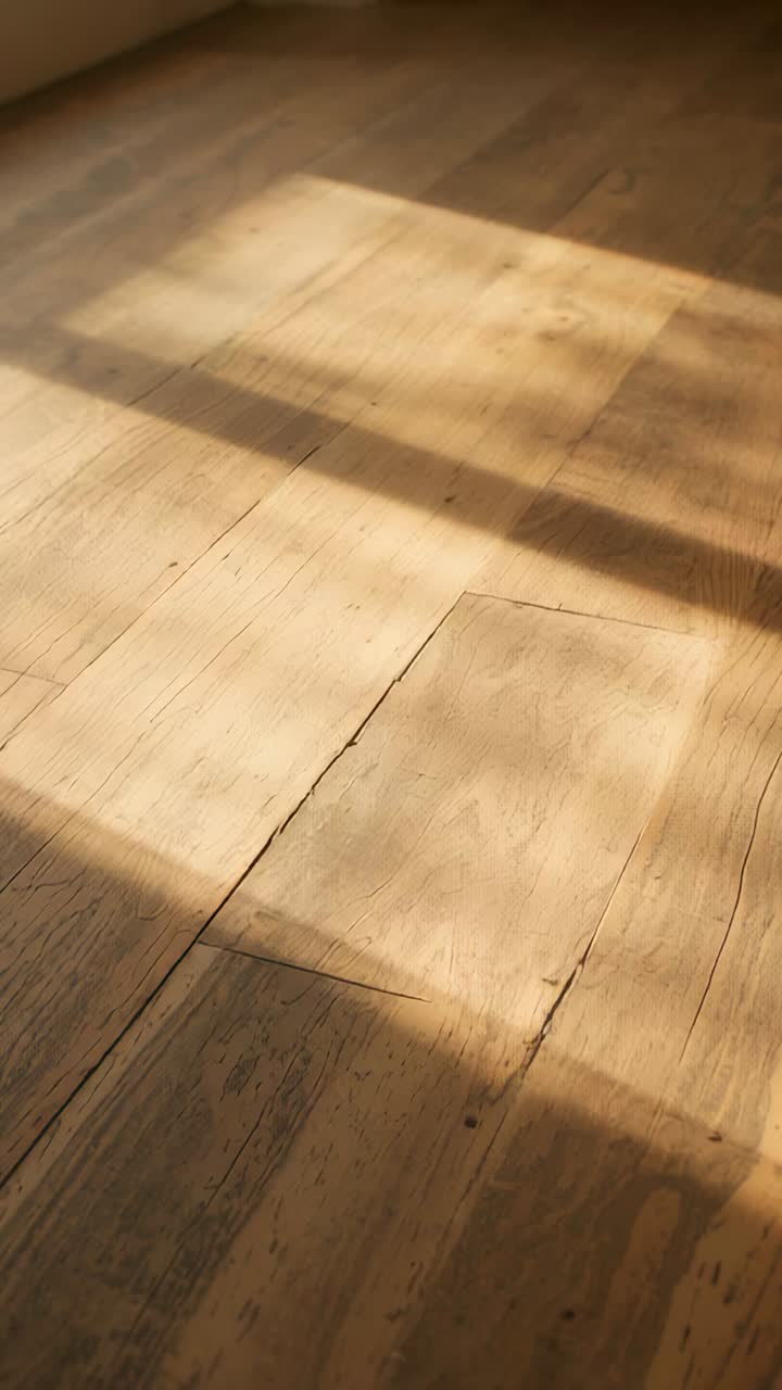 Vertical video: Shifting sun patches sliding across wood floor near baseboard in room, sun moving
