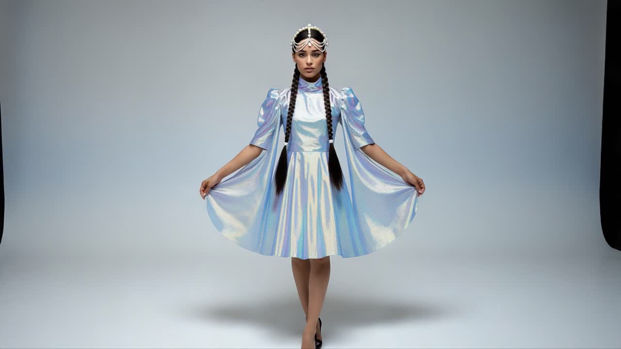 An elegant fashion model showcases a shimmering holographic dress paired with a stunning pearl-adorned headpiece, exuding grace and sophistication in a chic studio setting