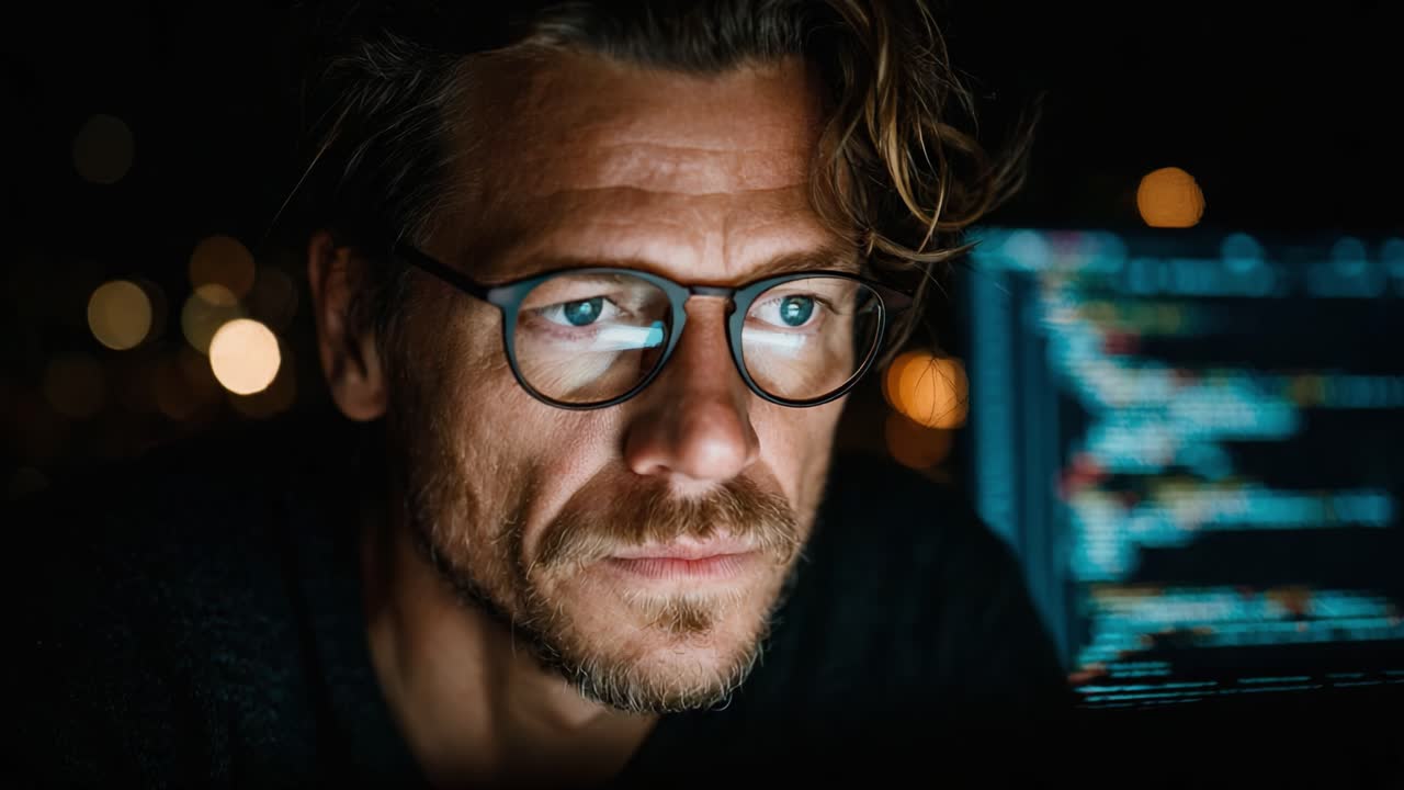 En fokusert programmerer som analyserer kode på en mørk bakgrunn, og fanger intensiteten av konsentrasjon og innsikt midt i digitale datastrømmer og glødende skjermer.
