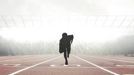 animation of silhouette of male runner on racing track in sports stadium