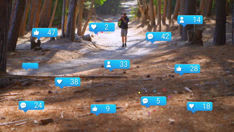 walking in forest, person seeing animation of social media notifications surrounding