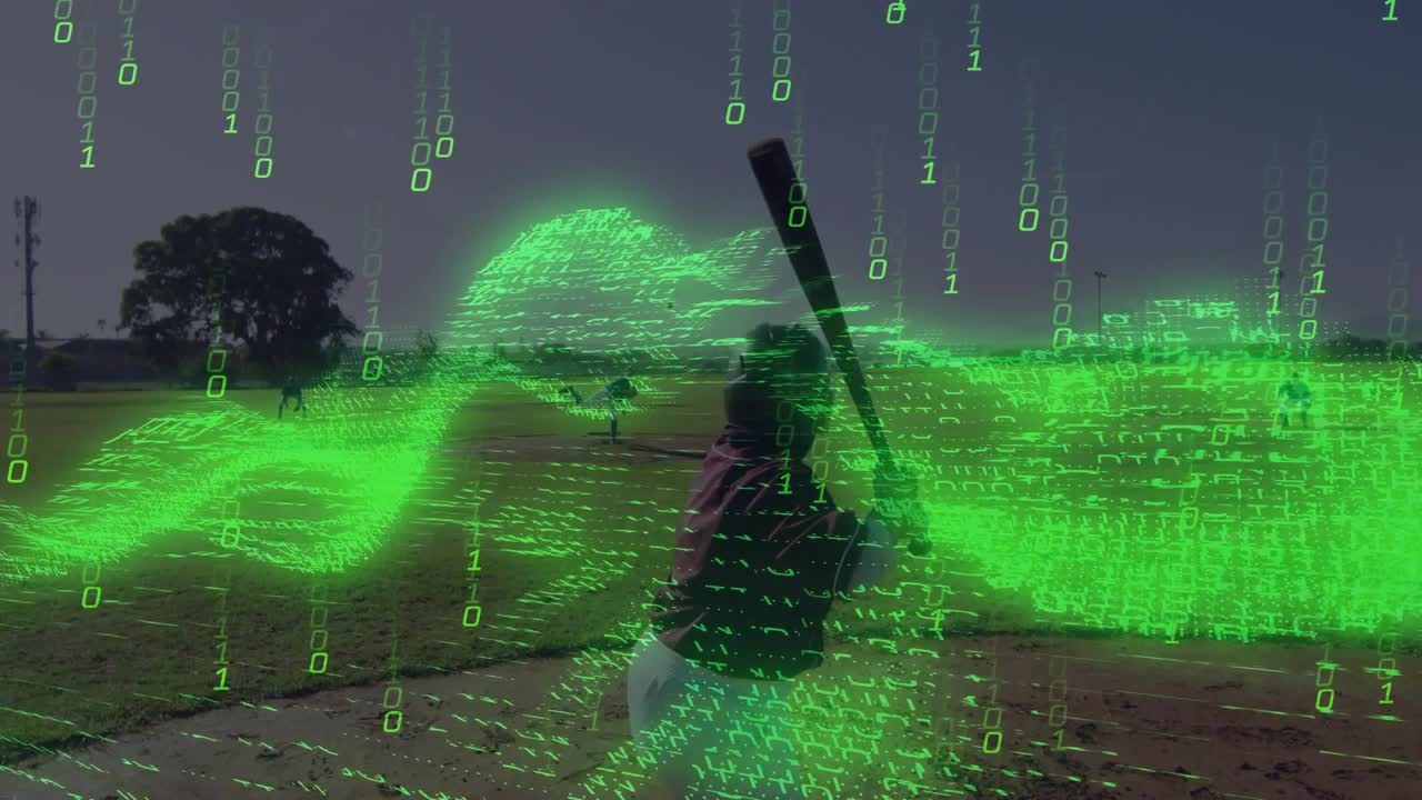Female batter holding bat in box, adjusting grip while green binary overlay sweeping baseball field