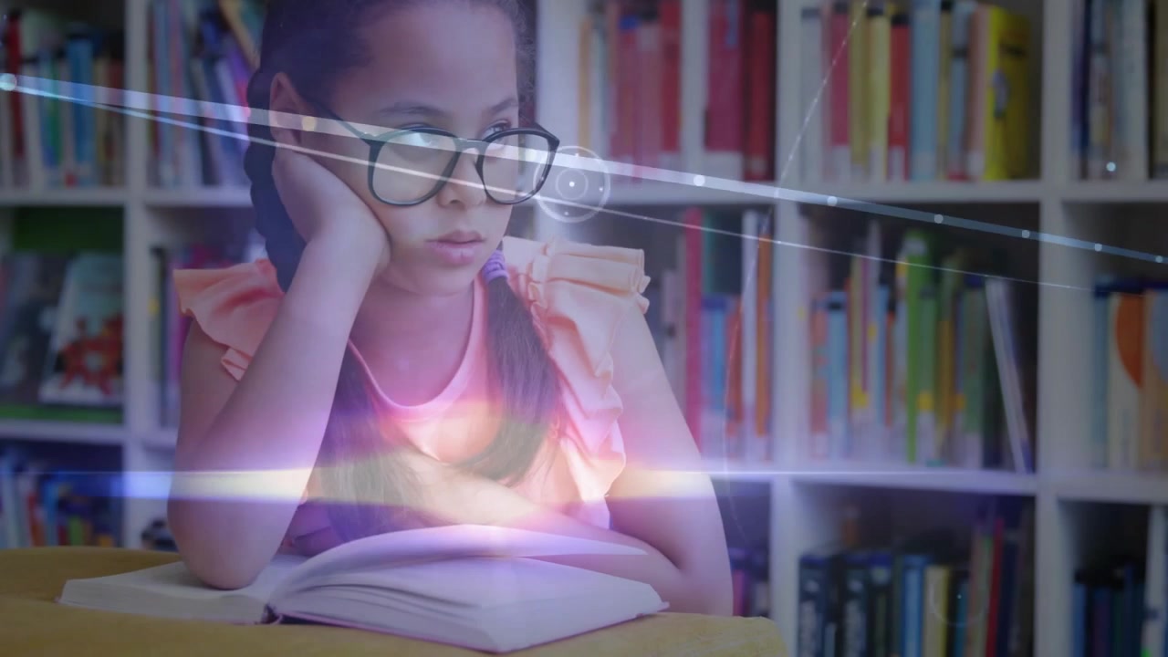 girl sitting studying book, initiating dots and lines spreading over library shelves for education