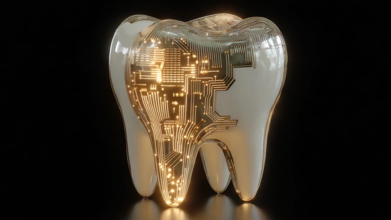 Futuristic Tooth Design Featuring Circuit Patterns and Illuminated Elements, Merging Dental Aesthetics with Modern Technology in a Unique Visual Concept