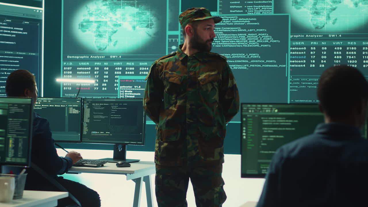 Military personnel working in a government cyber defense center