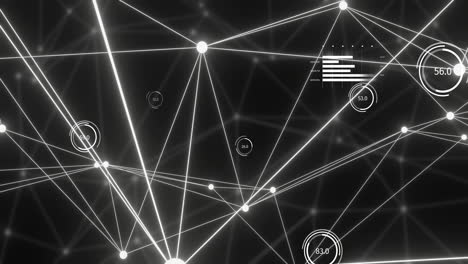 animación de una red blanca brillante y procesamiento de datos en una red distante sobre un fondo negro