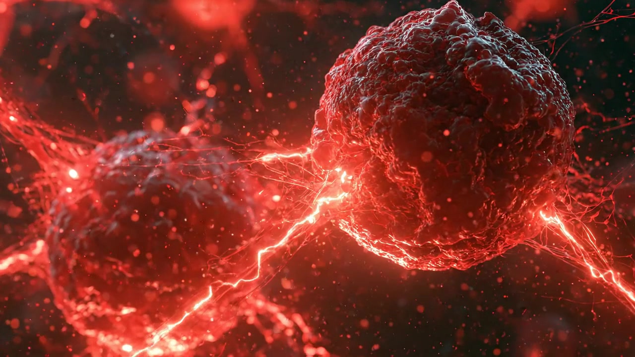 Cellula biologica rossa circondata da energia luminosa in un ambiente microscopico