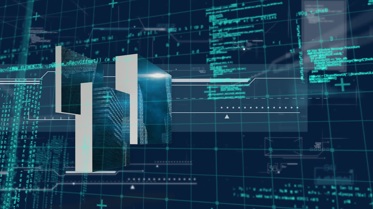 animación digital de la interfaz con procesamiento de datos contra un fondo azul