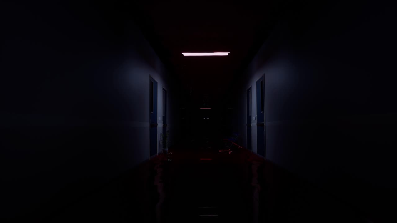 Squelette effrayant dans un couloir sombre d'hôpital ou de laboratoire avec des anomalies visuelles rouges