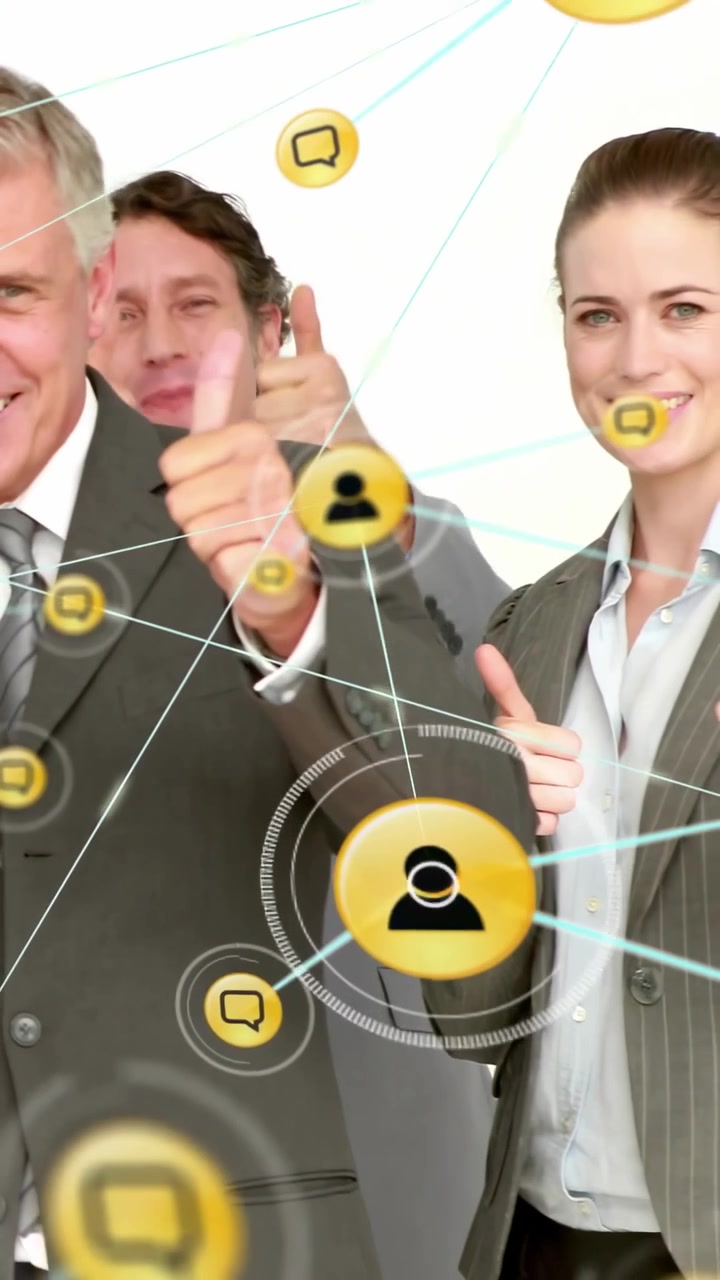 Video verticale: Un dirigente principale che alza il pollice in su, avviando icone utente gialle che orbitano attorno al team per il business.