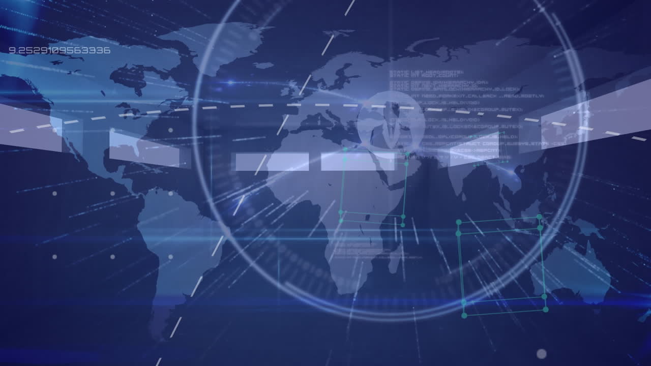 Animation of networks of connections and world map on blue background
