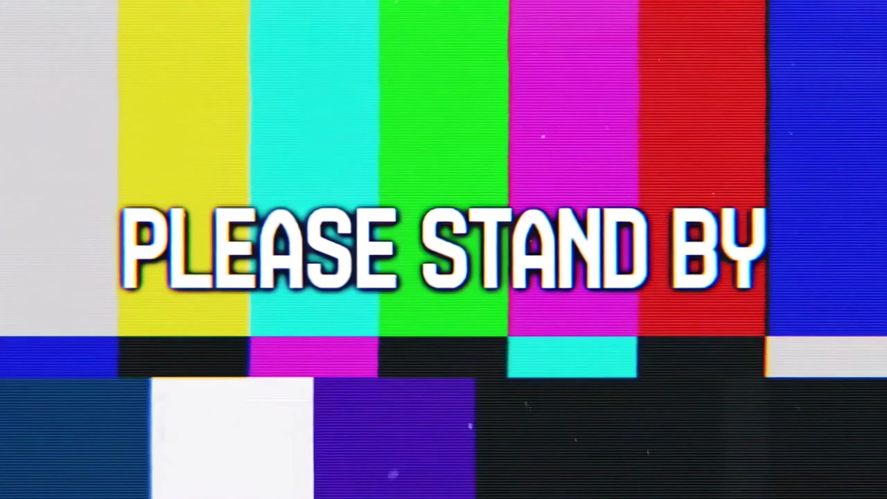 Glitchende 'Vent venligst'-besked med retro tv-testbillede