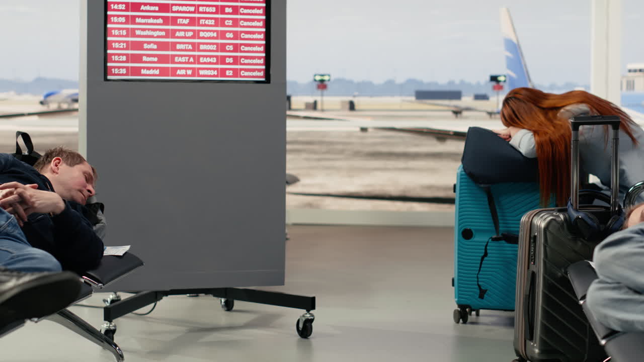 Passageiros Cansados Dormindo no Salão de Embarque do Aeroporto Devido a Atrasos de Voos