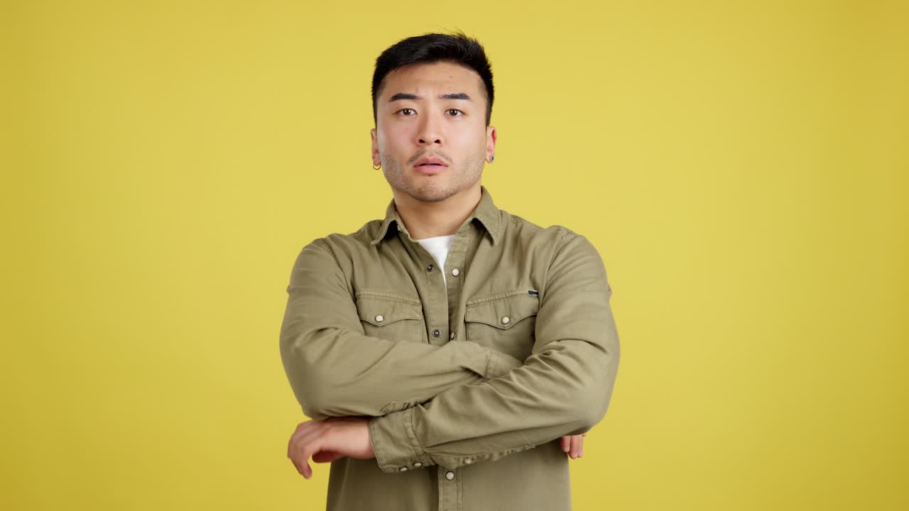 Portrait of an Asian man with crossed arms on a yellow background
