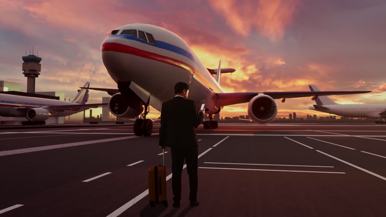 Uomo d'affari asiatico con valigia che usa uno smartphone con aereo in partenza al tramonto