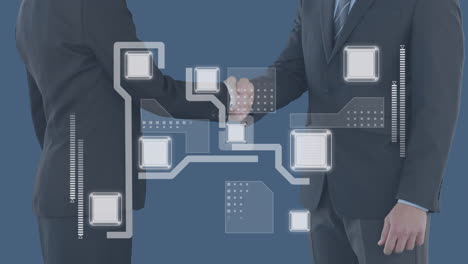 animación del procesamiento de datos financieros sobre hombres de negocios caucásicos que se dan la mano