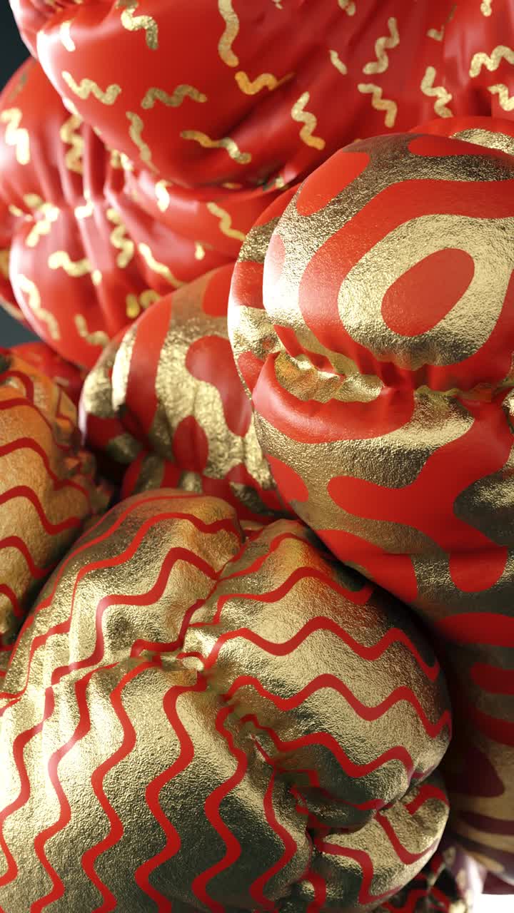 Heap of golden and plastic soft bodies spinning around. 3d vertical animation