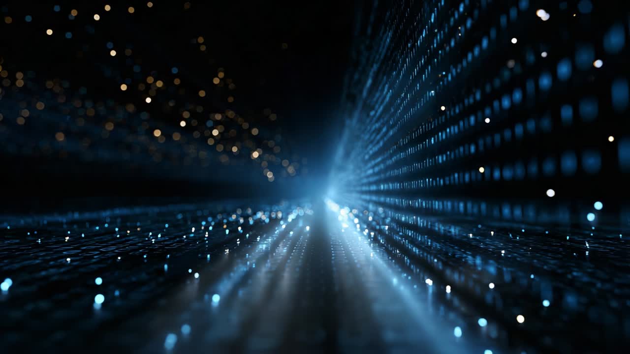 A mesmerizing journey through a digital landscape, featuring brilliant blue lines of light that illuminate a pixelated path leading into the infinite depths of a futuristic space filled with sparkling binary data