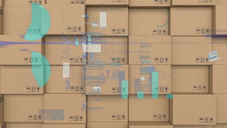 Animation of statistics processing over cardboard boxes