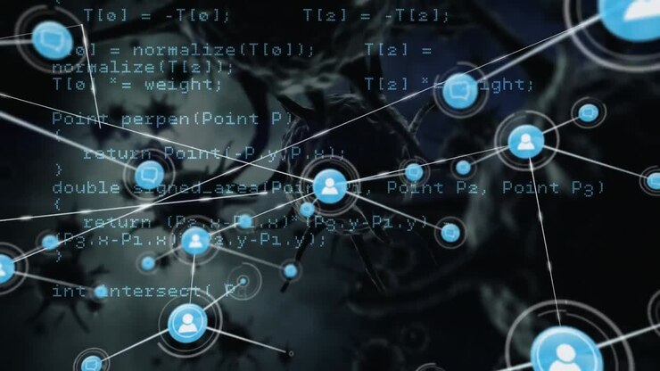 Network of profile icons and data processing against multiple covid-19 cells on blue background