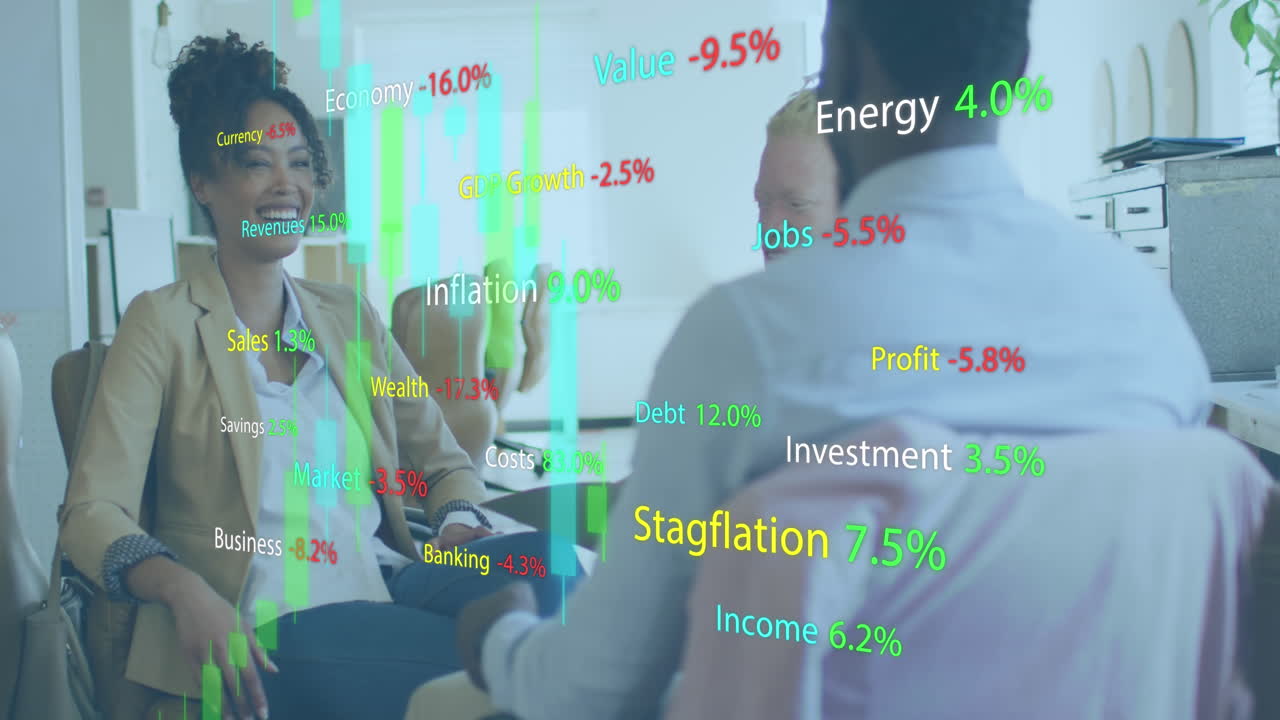 Animation of data processing over diverse business people in office