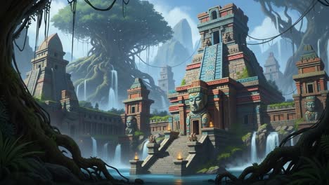 ancient temple surrounded by lush jungle and cascading waterfalls: a majestic scene of nature and architecture in harmony