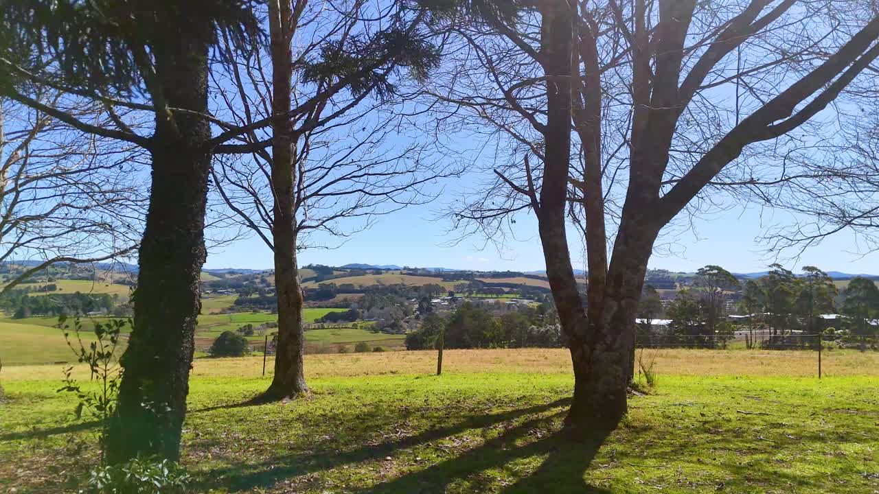 A smooth daytime pan reveals a sunlit rural field with bare trees in the foreground, rolling hills, and distant farmland under a clear blue sky
