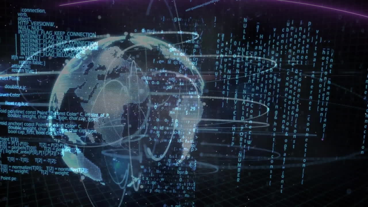 Animation of globe, connections and data processing over dark background