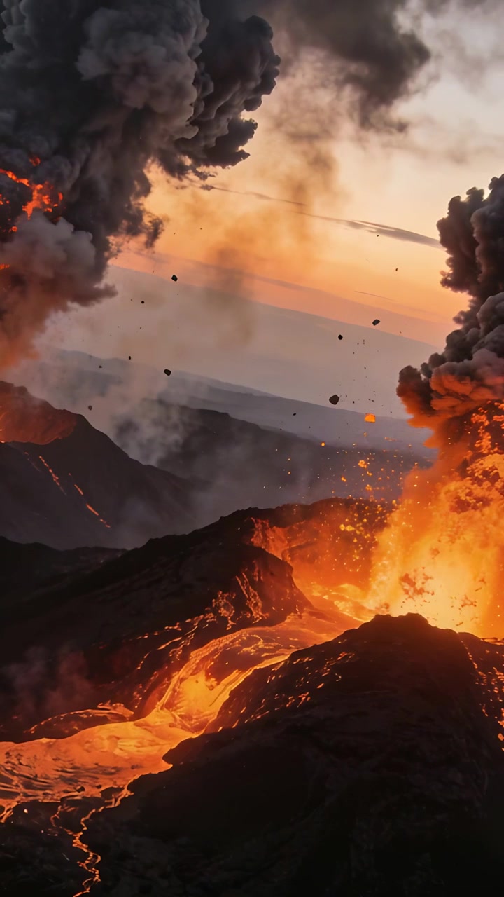 Vertical video: Opening vent sending lava fountain carving molten channel on volcanic slope