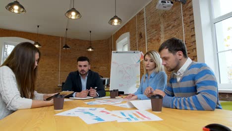 business team meeting involved diverse people participating in creative sustainable ideas steadicam shot across boardroom table shared work space