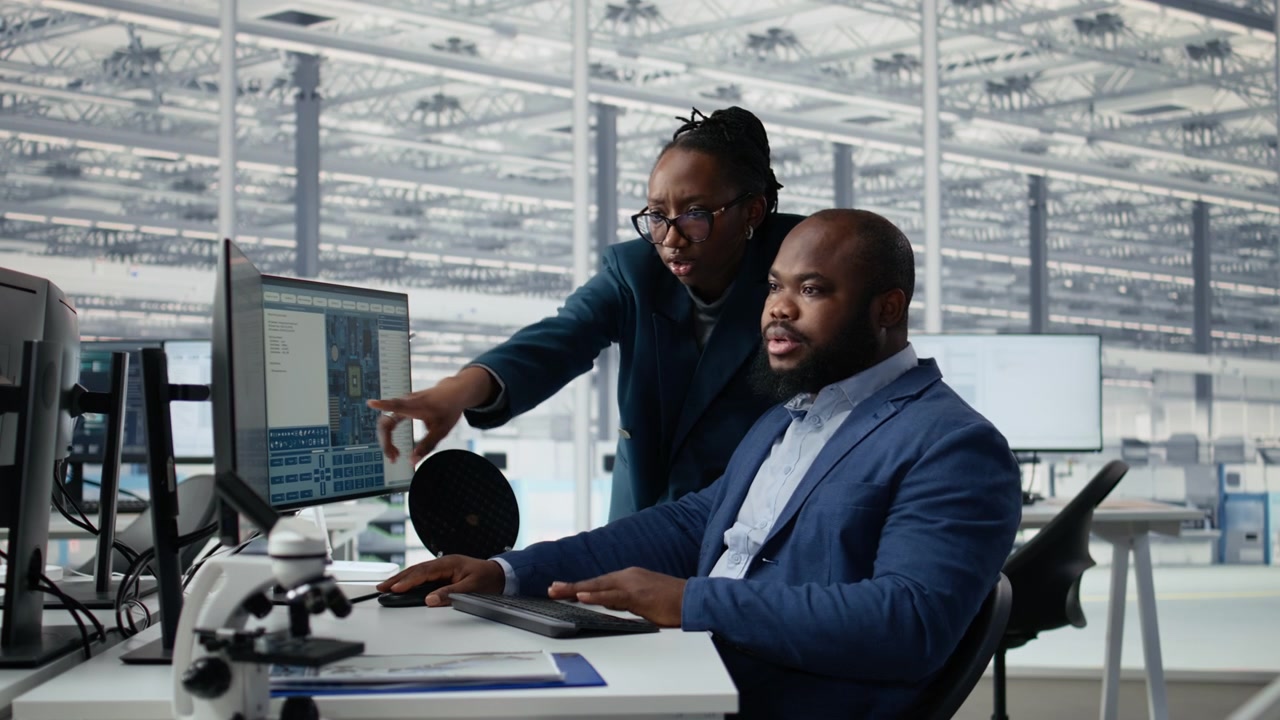 Man and woman modeling integrated circuit systems with PC software