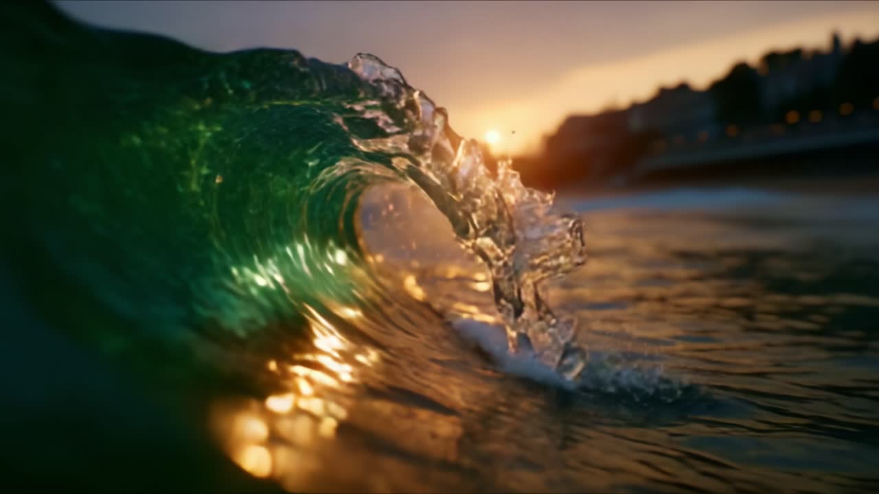 Mesmerizing Waves: An Enchanting Journey Through the Ocean's Brilliant Green Waters at Sunset, Capturing the Dance of Light and Motion in Nature's Serenity