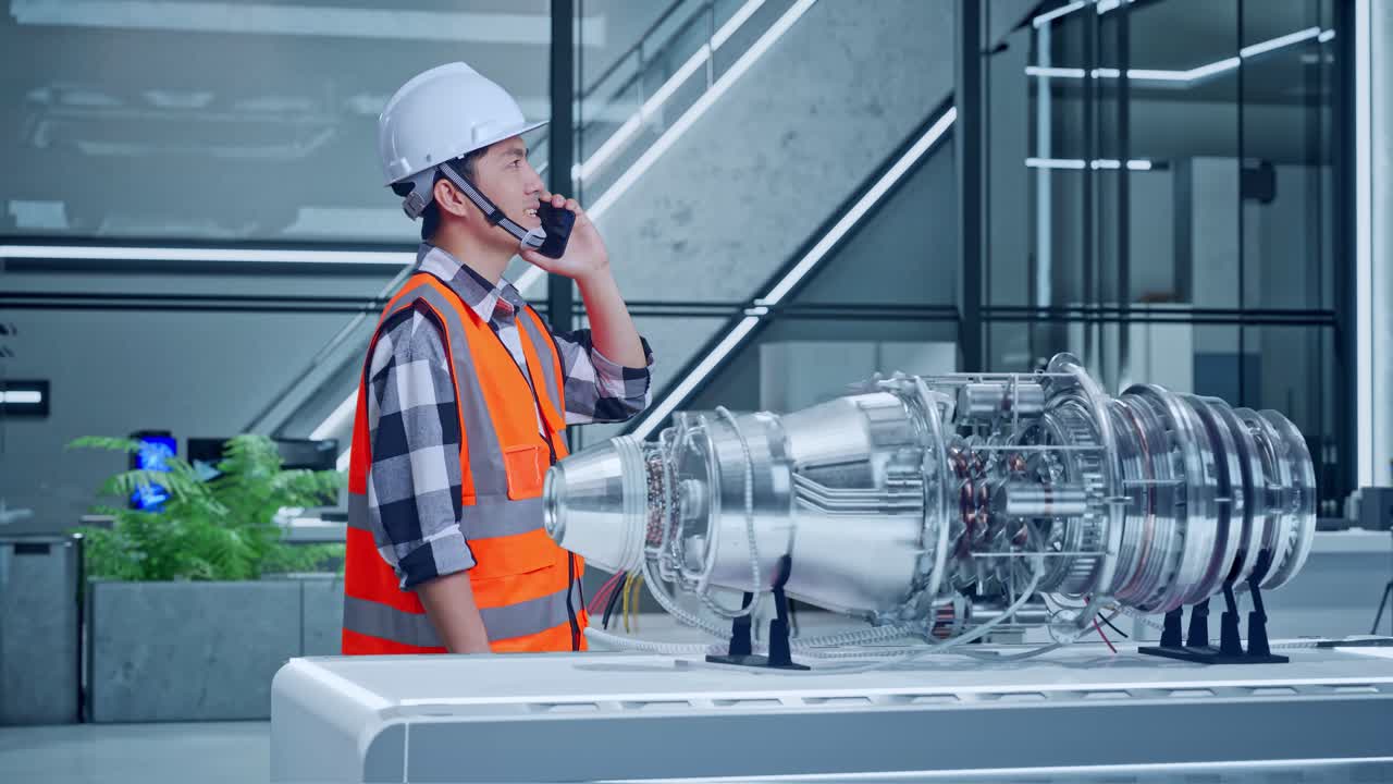 현대 사무실에서 제트 엔진 근처에서 전화로 이야기하는 엔지니어