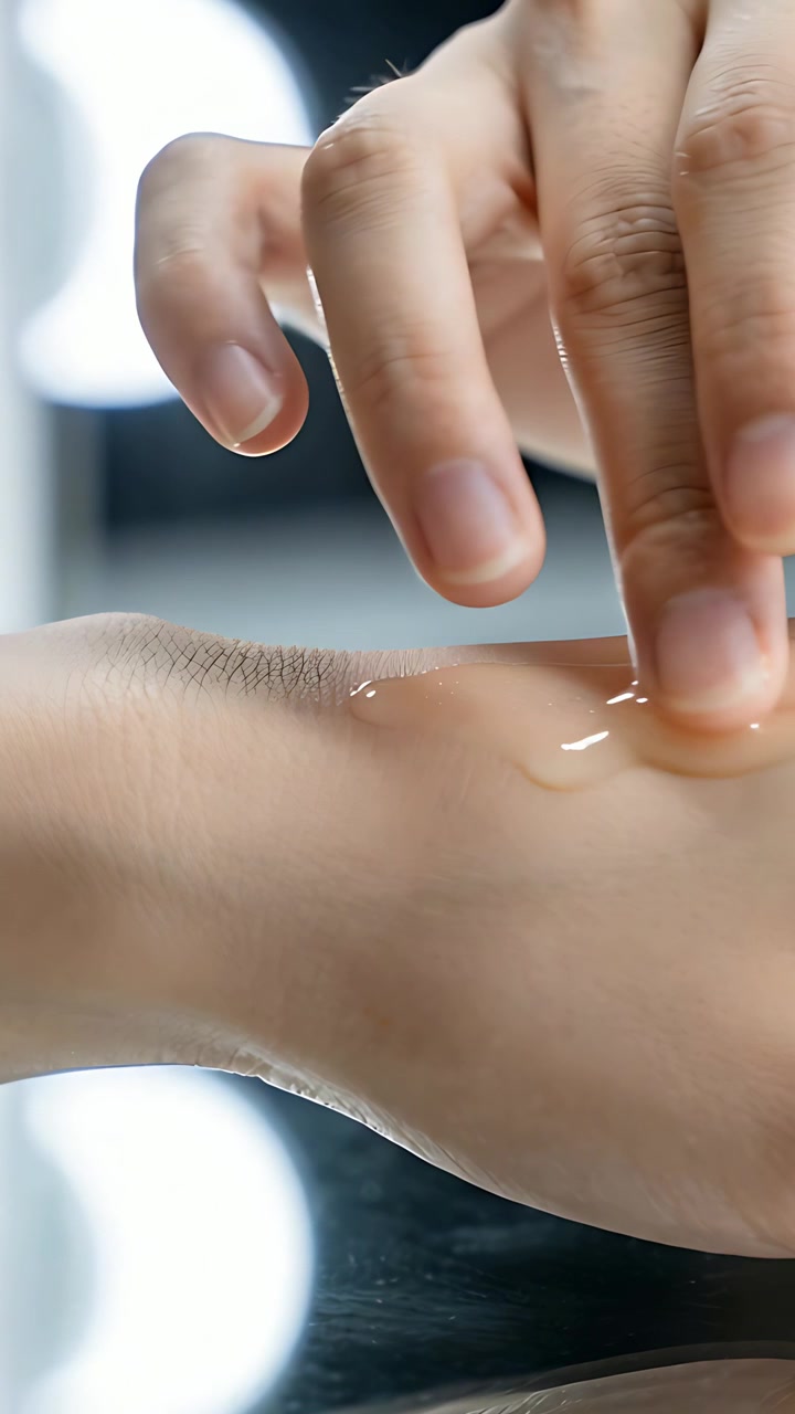 Video verticale: Toccando una goccia, indice e medio che spalmano gel sul polso nudo, test in studio.