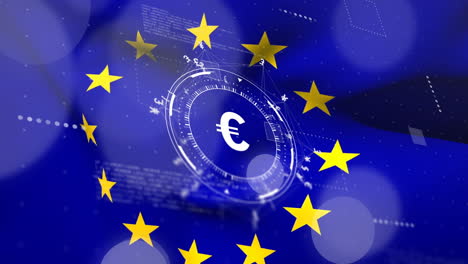 animation of euro symbol and data over flag of european union