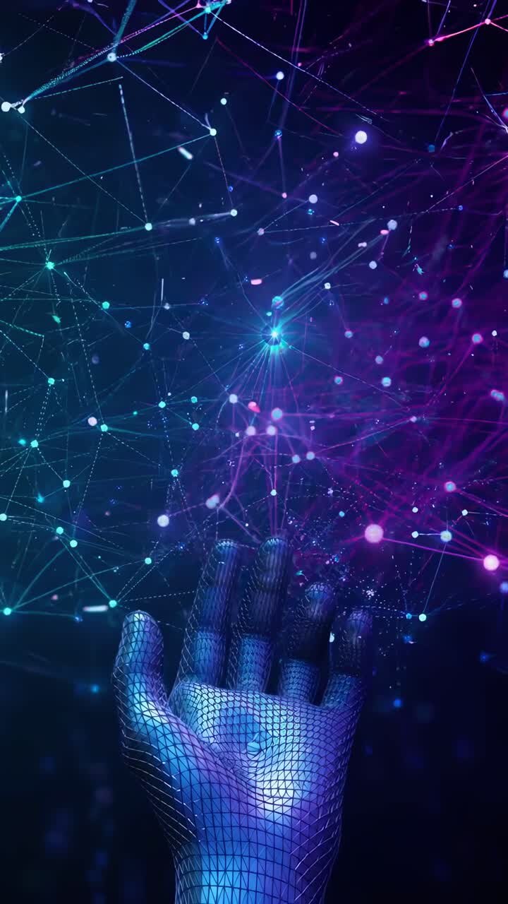 Concepto de video futurista con vista en ángulo bajo de una mano digital alcanzando una red