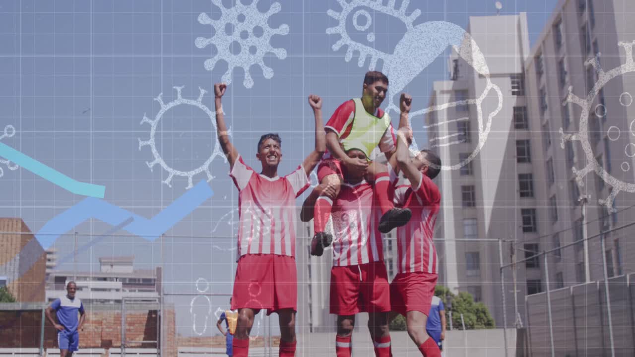 animación de células de coronavirus, desinfectante, iconos de máscaras sobre jugadores gritando y celebrando la victoria