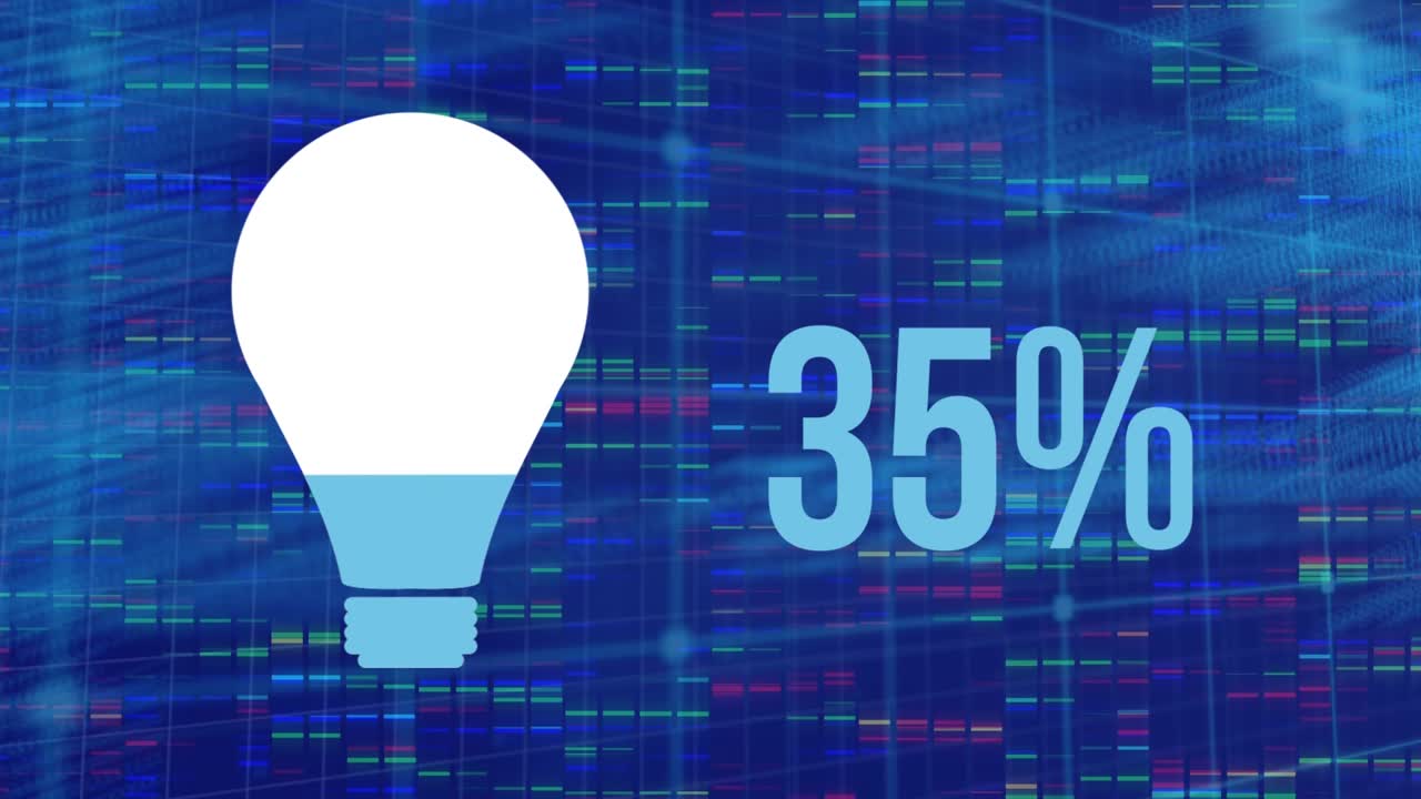 Animation of data processing and lightbulb over blue background