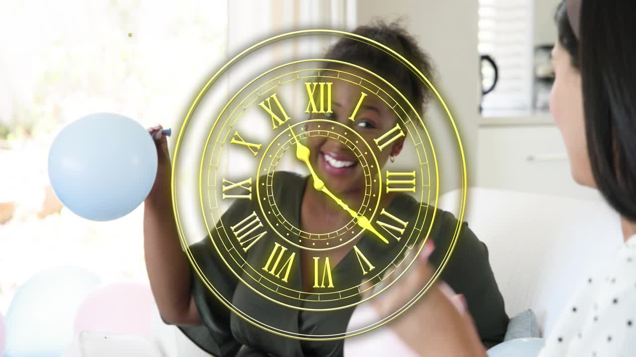 Seated woman blowing party blower, starting golden clock overlay pulsing and counting down to party