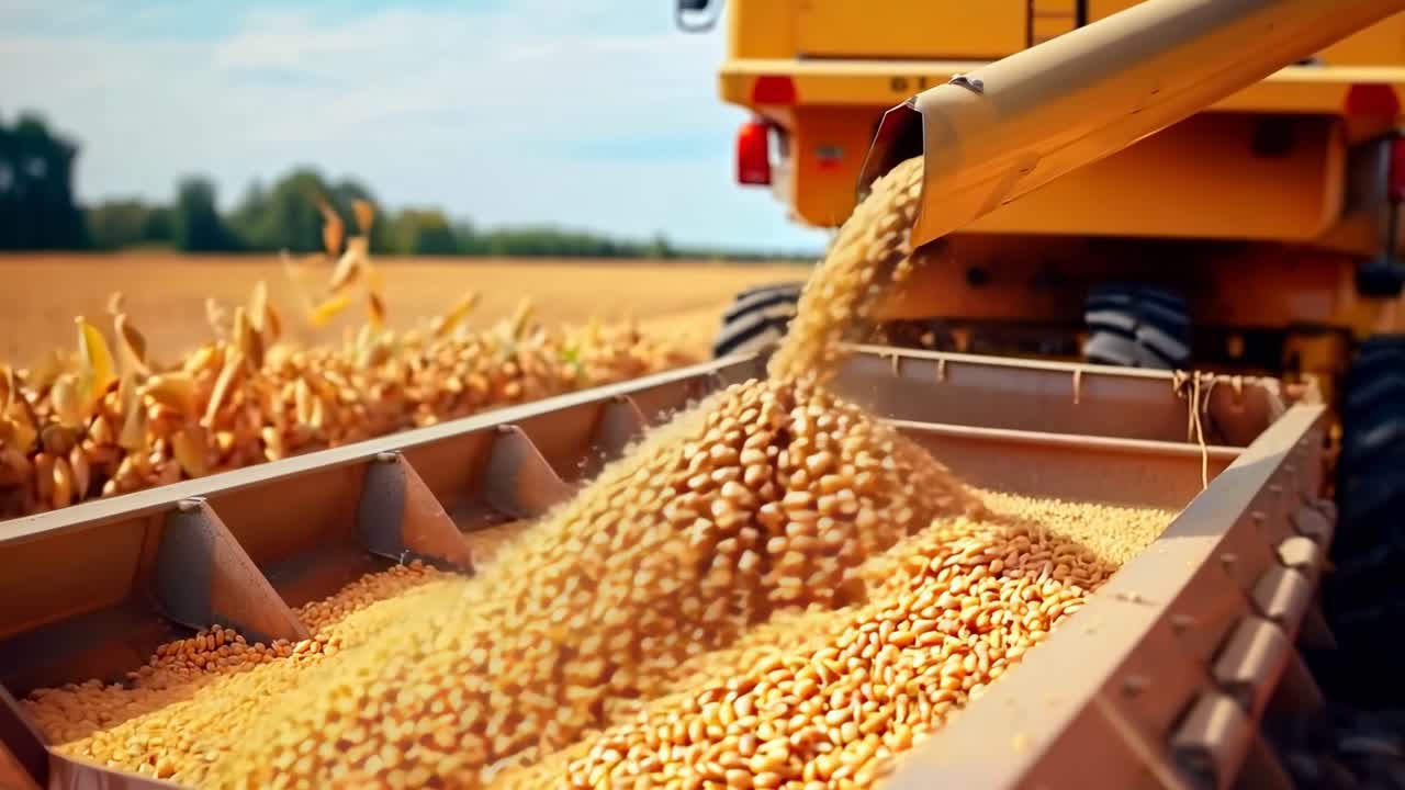 Low-angle video capturing a combine harvester unloading golden soybeans into a trailer, set