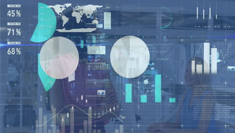 animation of data processing over smiling african american businesswoman