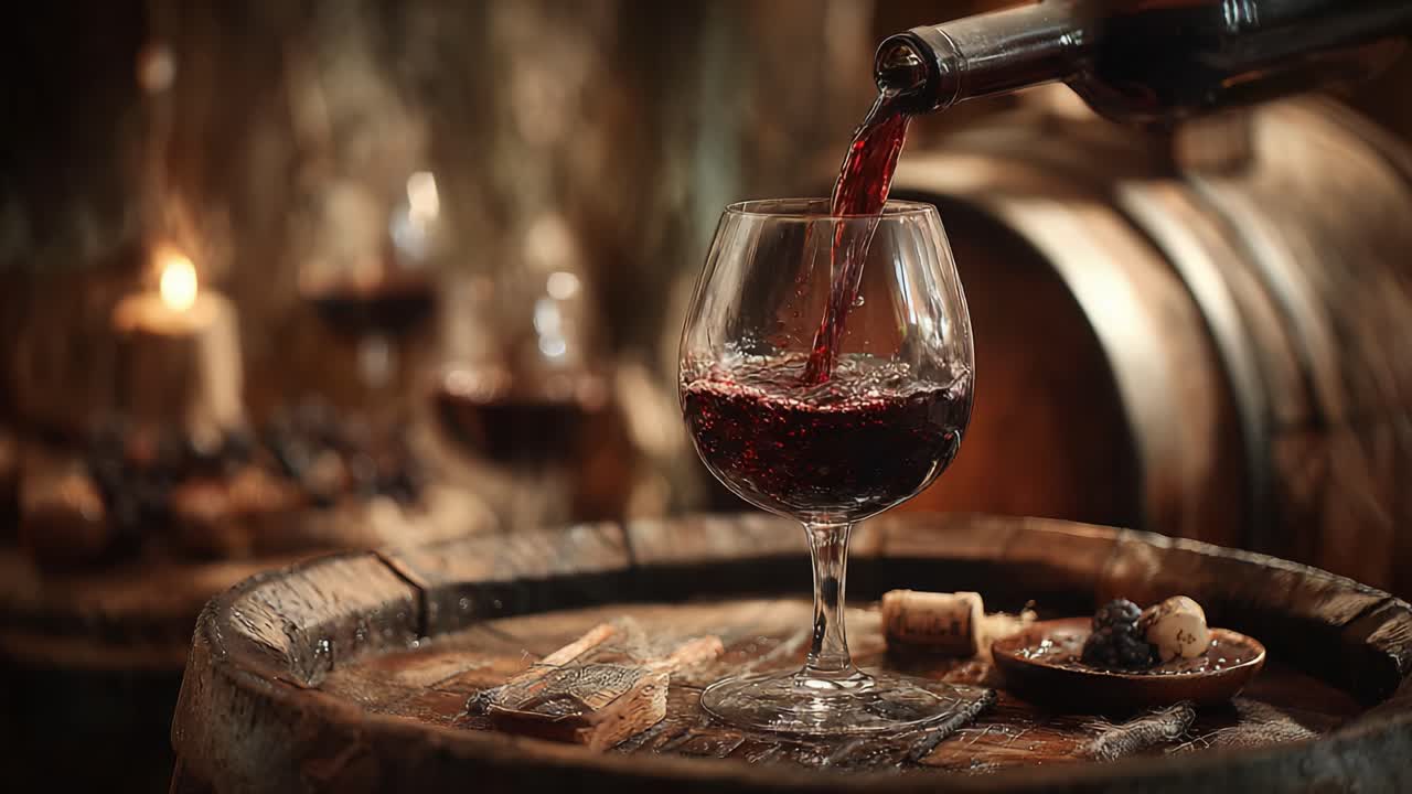 A Journey Through the Rich Tapestry of Red Wine: Discover the Art of Pouring, Savoring, and Enjoying Wine in the Warm Ambiance of Vintage Barrels and Candles