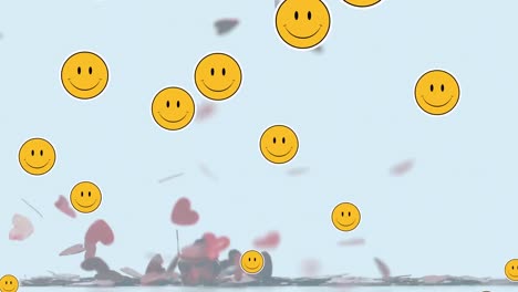 multiple smiling face emojis floating over multiple hearts falling against white background