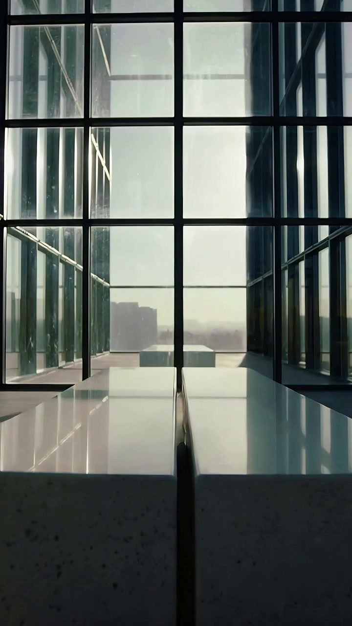 Video vertical: Reaccionando al resplandor del sol, bancos centrales reflejando un destello verde en un pasillo de cuadrícula de cristal