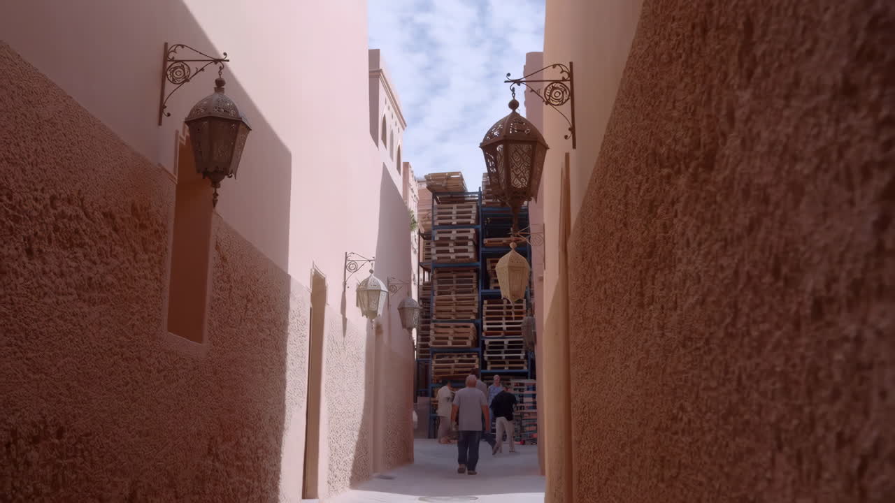 People walk through a narrow, pink-walled alleyway adorned with traditional lanterns