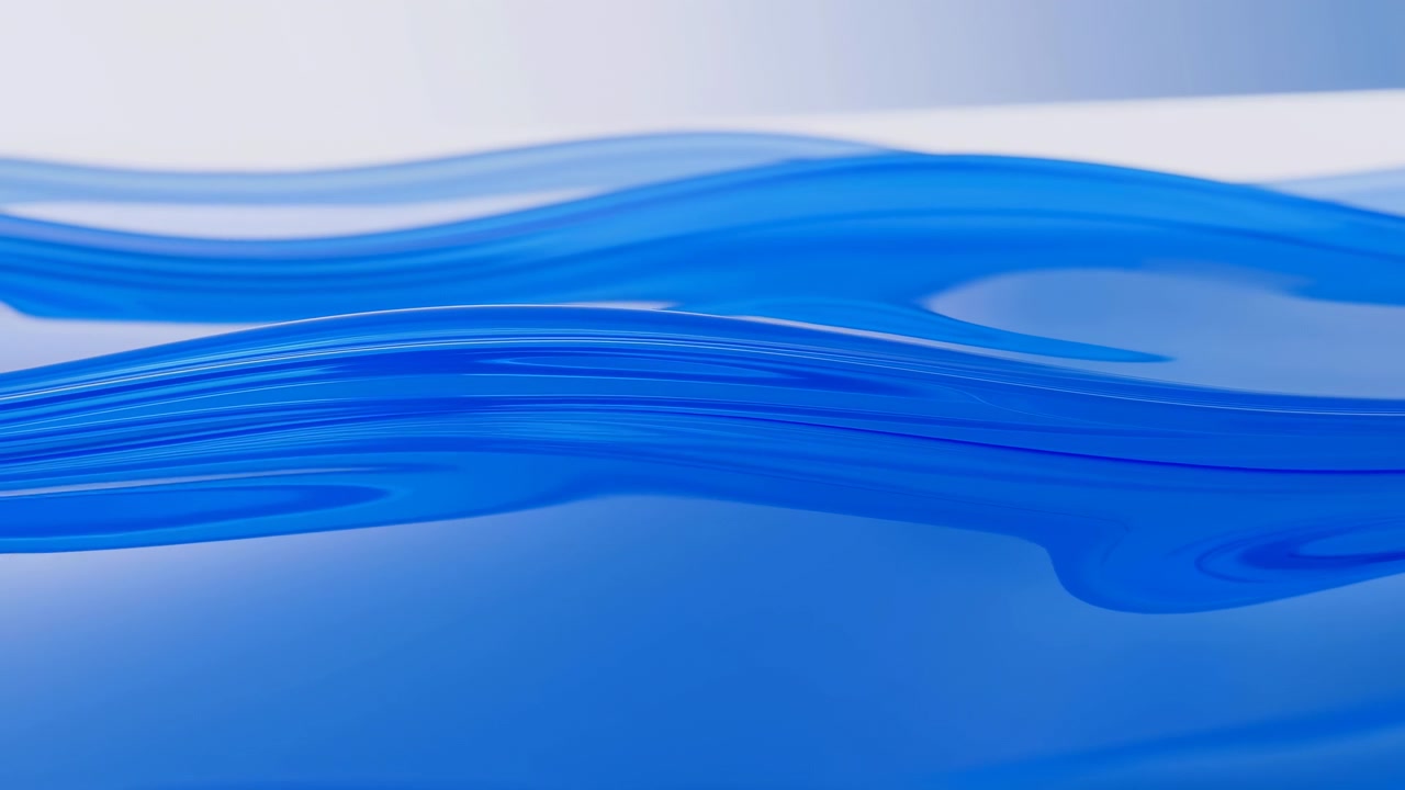 Glossy Blue Waves Flowing In Smooth Motion, Glasslike Ribbons Glide Over Reflective Surface, Clean Corporate
