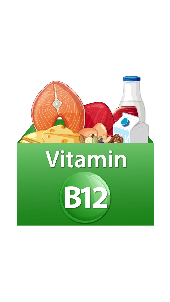 Una scatola verde di vitamina B12 si apre, rivelando salmone, formaggio, latte e fonti alimentari in un'animazione fluida.
