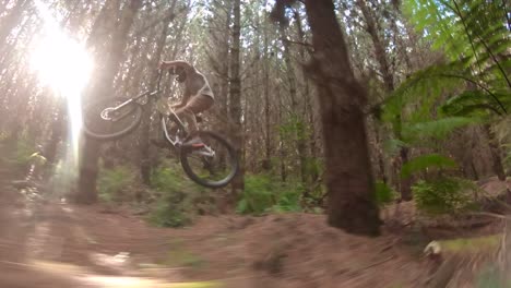 kid on mountain bike going downhill in forest track with bright sunlight