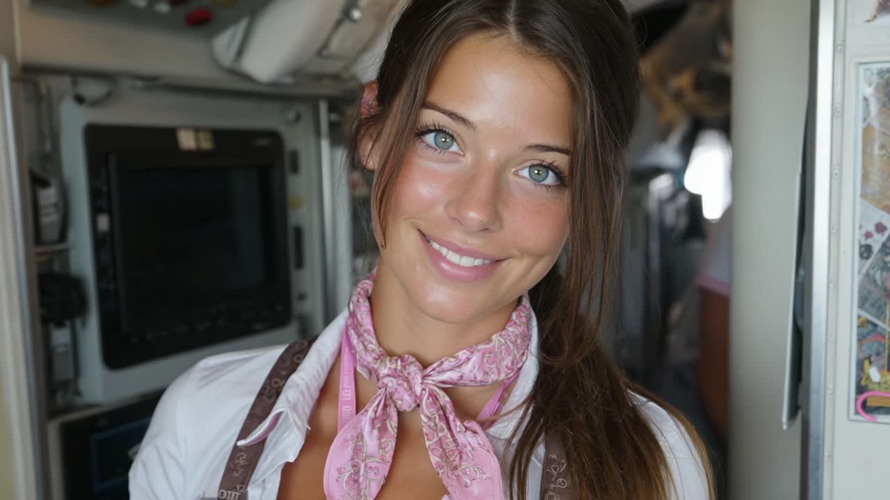 Un'amichevole assistente di volo sorridente nella cabina, che mostra ospitalità e professionalità con una sciarpa elegante su uno sfondo luminoso